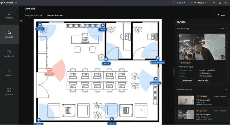 Nhận cảnh b&aacute;o thời gian thực với bản đồ 2D v&agrave; trung t&acirc;m sự kiện FPT VMSmart